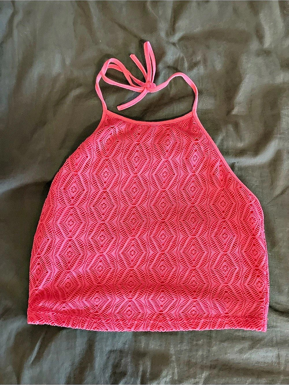 Geometric Textured Halter Crop. Bright 11Coral Pink